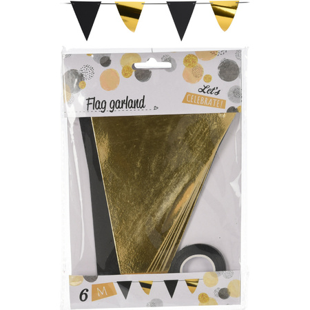 Party Vlaggenlijn - binnen/buiten - plastic - metallic zwart/goud - 6 m - 25 vlaggetjes