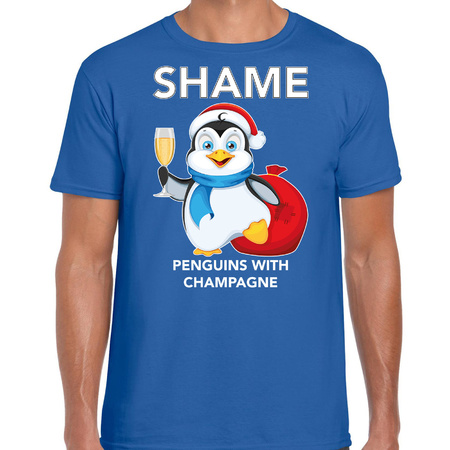 Pinguin Kerst t-shirt / outfit Shame penguins with champagne blauw voor heren