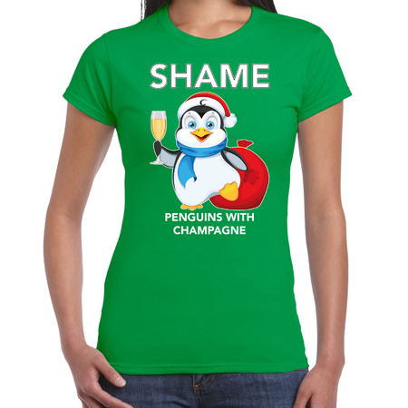 Pinguin Kerst t-shirt / outfit Shame penguins with champagne groen voor dames