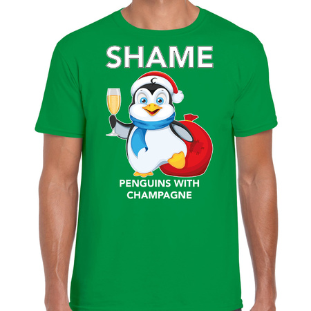 Pinguin Kerst t-shirt / outfit Shame penguins with champagne groen voor heren