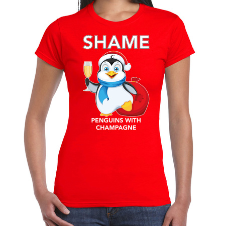 Pinguin Kerst t-shirt / outfit Shame penguins with champagne rood voor dames