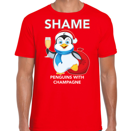 Penguin Christmas t-shirt Shame penguins with champagne red for heren