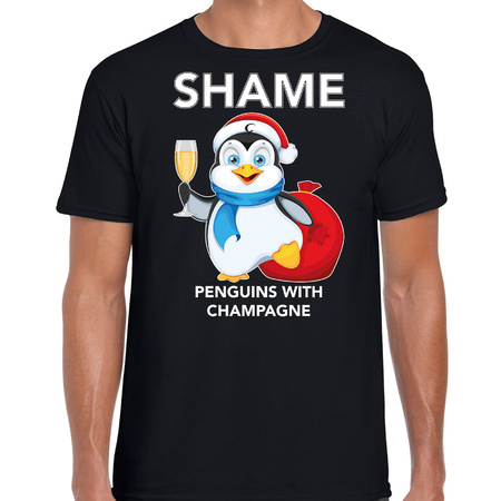 Pinguin Kerst t-shirt / outfit Shame penguins with champagne zwart voor heren