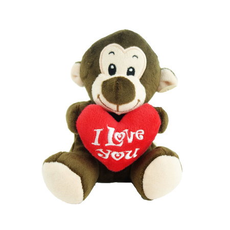 Plush I love you monkey cuddle toy brown 14 cm