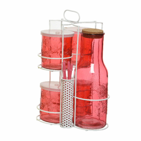 Red carafe/jug 1 liter with 4 drinking glasses made out of glass 33 cm