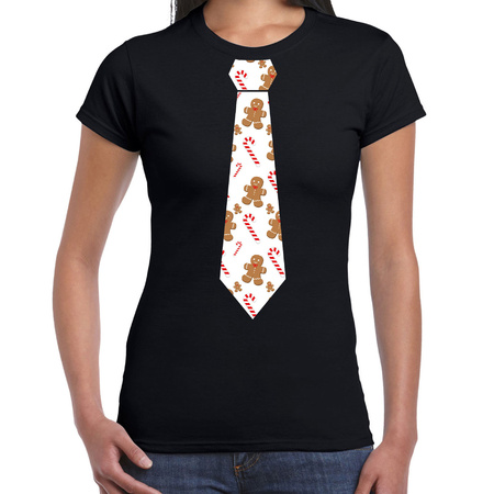 Funny tie Christmas t-shirt with gingerbread and candy canes black for women