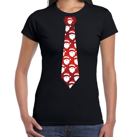 Funny Christmas t-shirt with santaclaus tie black for women