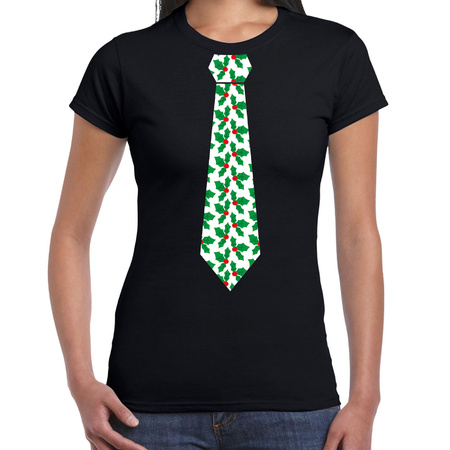 Stropdas Kerst T-shirt mistletoe patroon voor dames zwart