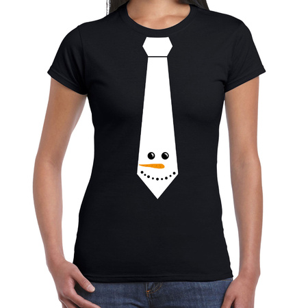Stropdas Kerst T-shirt sneeuwpop voor dames zwart